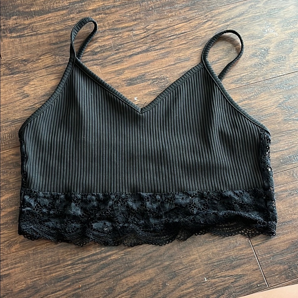 Black Ribbed Lace Trim Crop Top